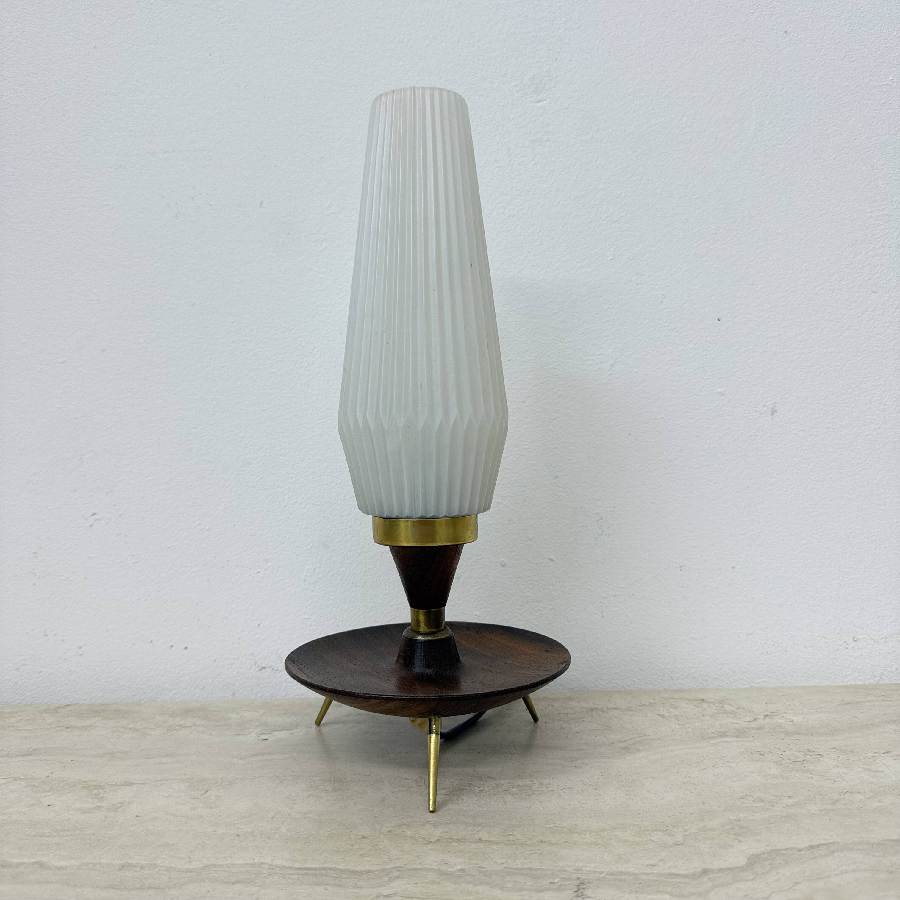 Vintage tripod teak base with opaline glass shade table lamp , 1950s