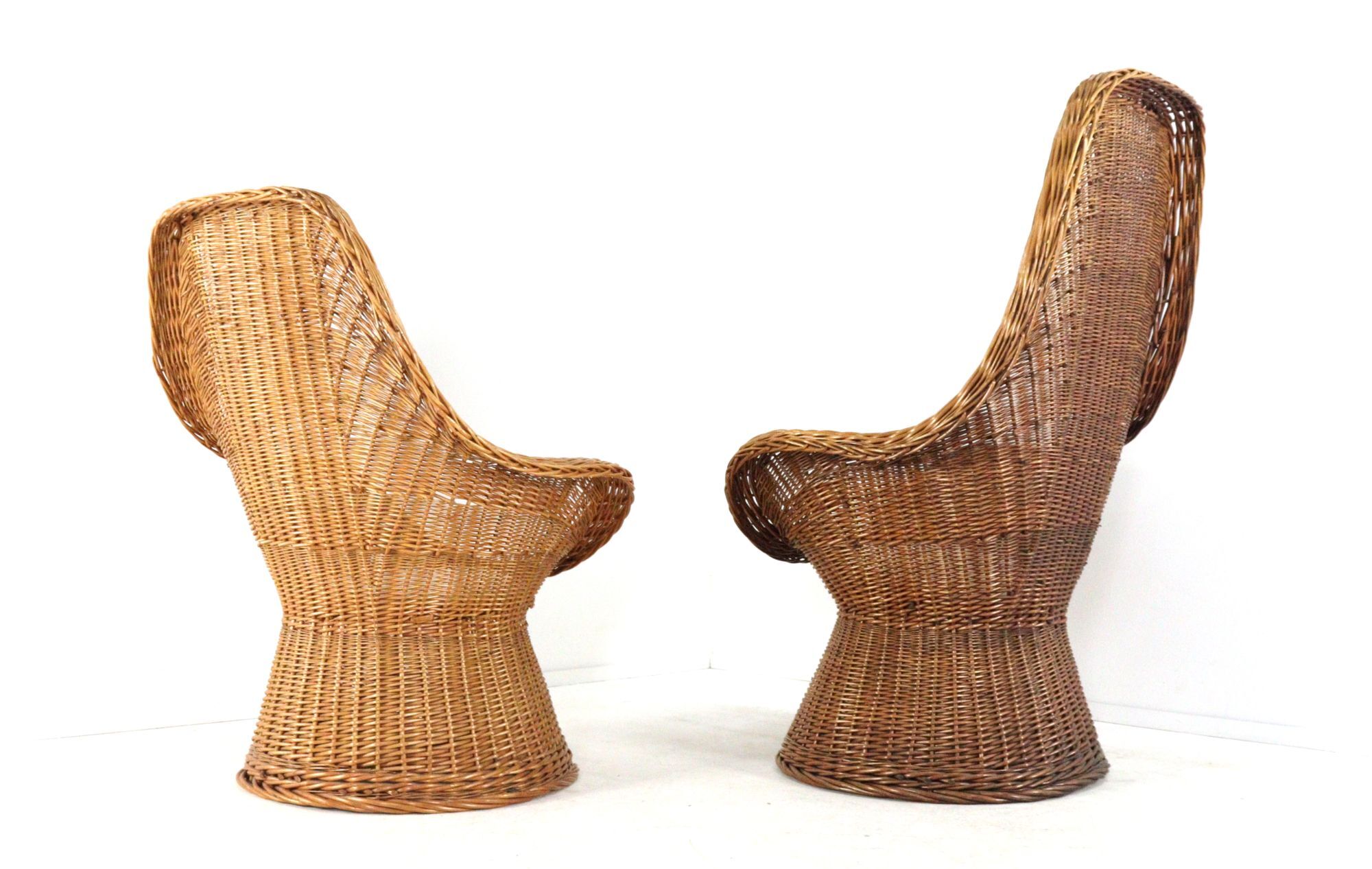 Set of 2 vintage rattan wicker armchairs with white teddy fabric