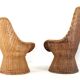 Set of 2 vintage rattan wicker armchairs with white teddy fabric