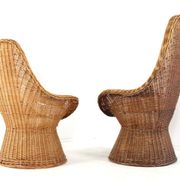 Set of 2 vintage rattan wicker armchairs with white teddy fabric