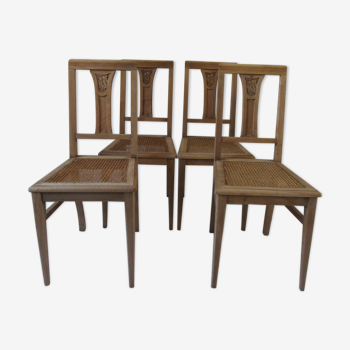 4 art deco walnut chairs, caned seats waxed finish.