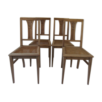 4 art deco walnut chairs, caned seats waxed finish.