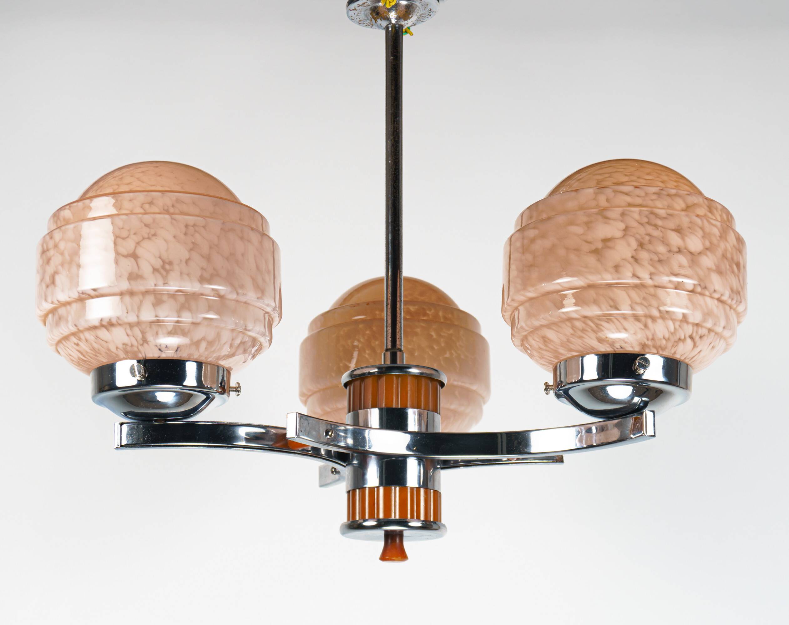 1930s Art Deco Bakelite/Catalin, Chrome & Pink Glass Chandelier Lamp