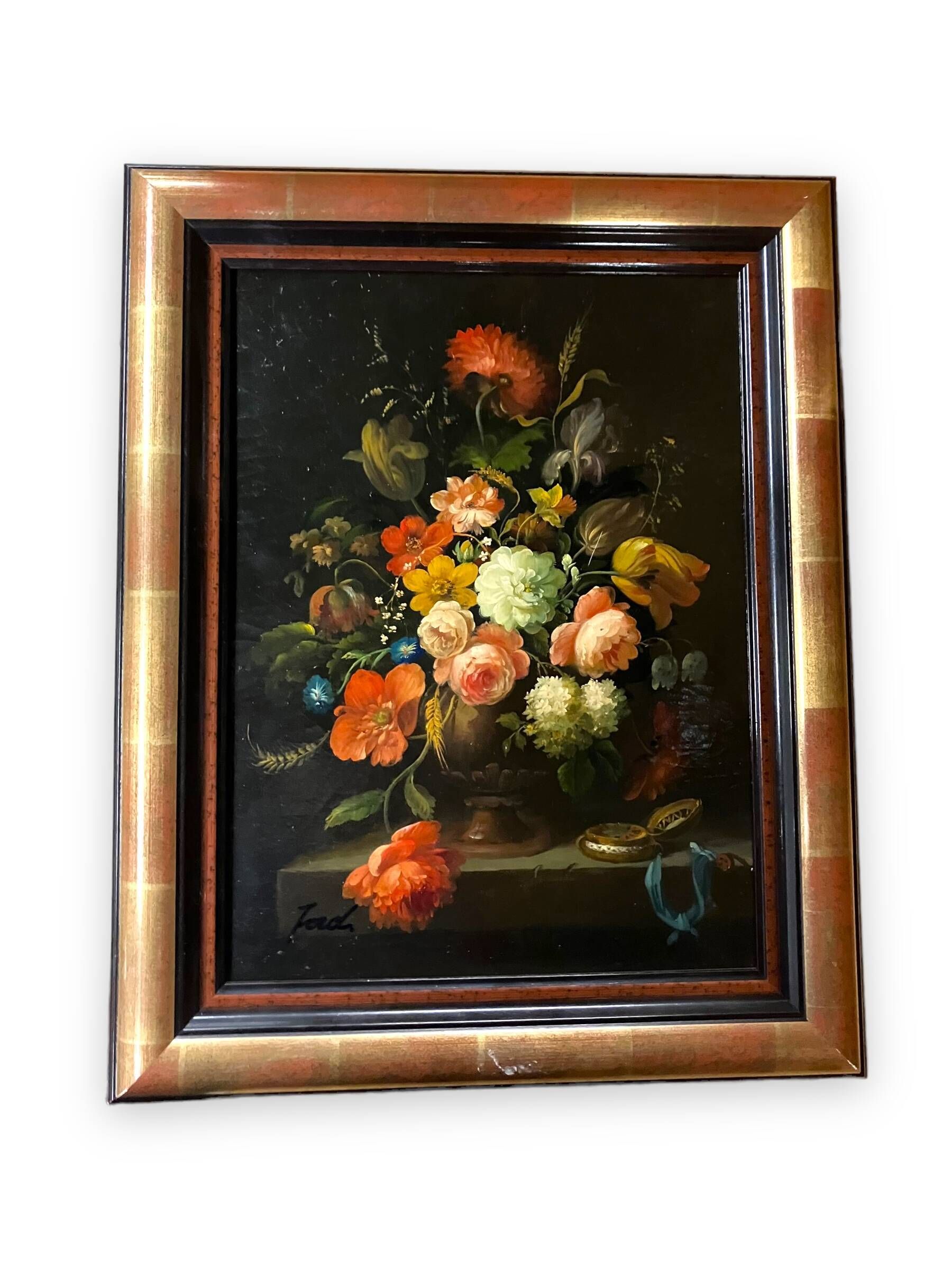Oil on canvas still life with flower bouquet signed Jord