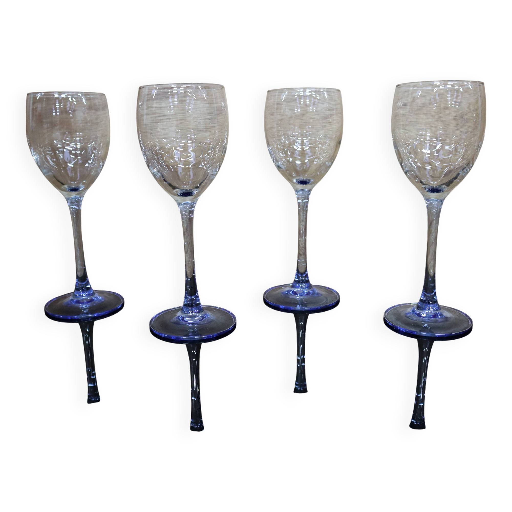 4 Luminarc white wine glasses with blue stem Azur France