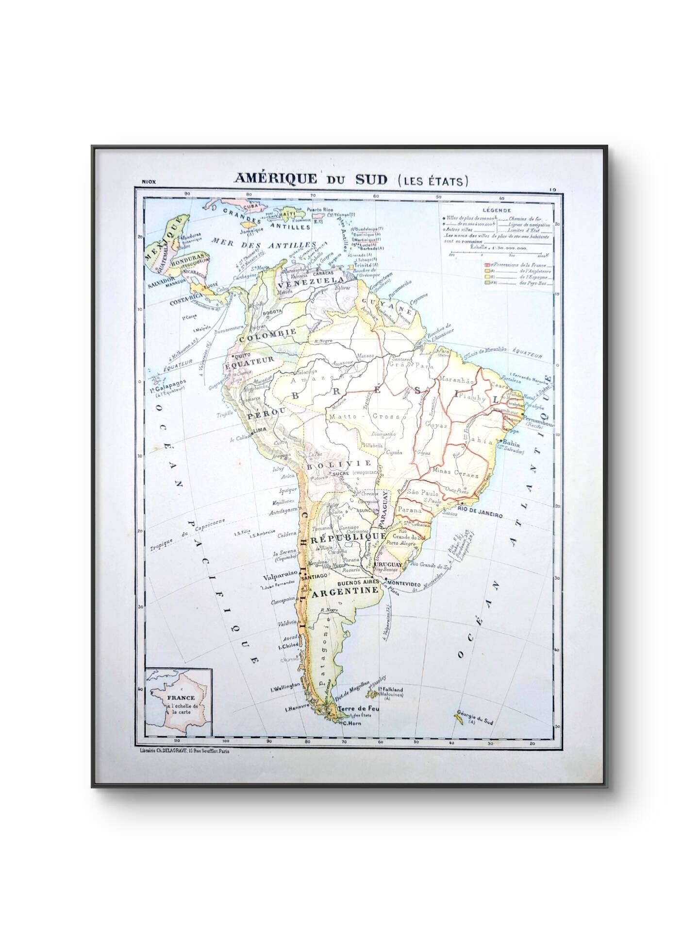 Imprimée en 1900, carte de l'Amérique du sud
