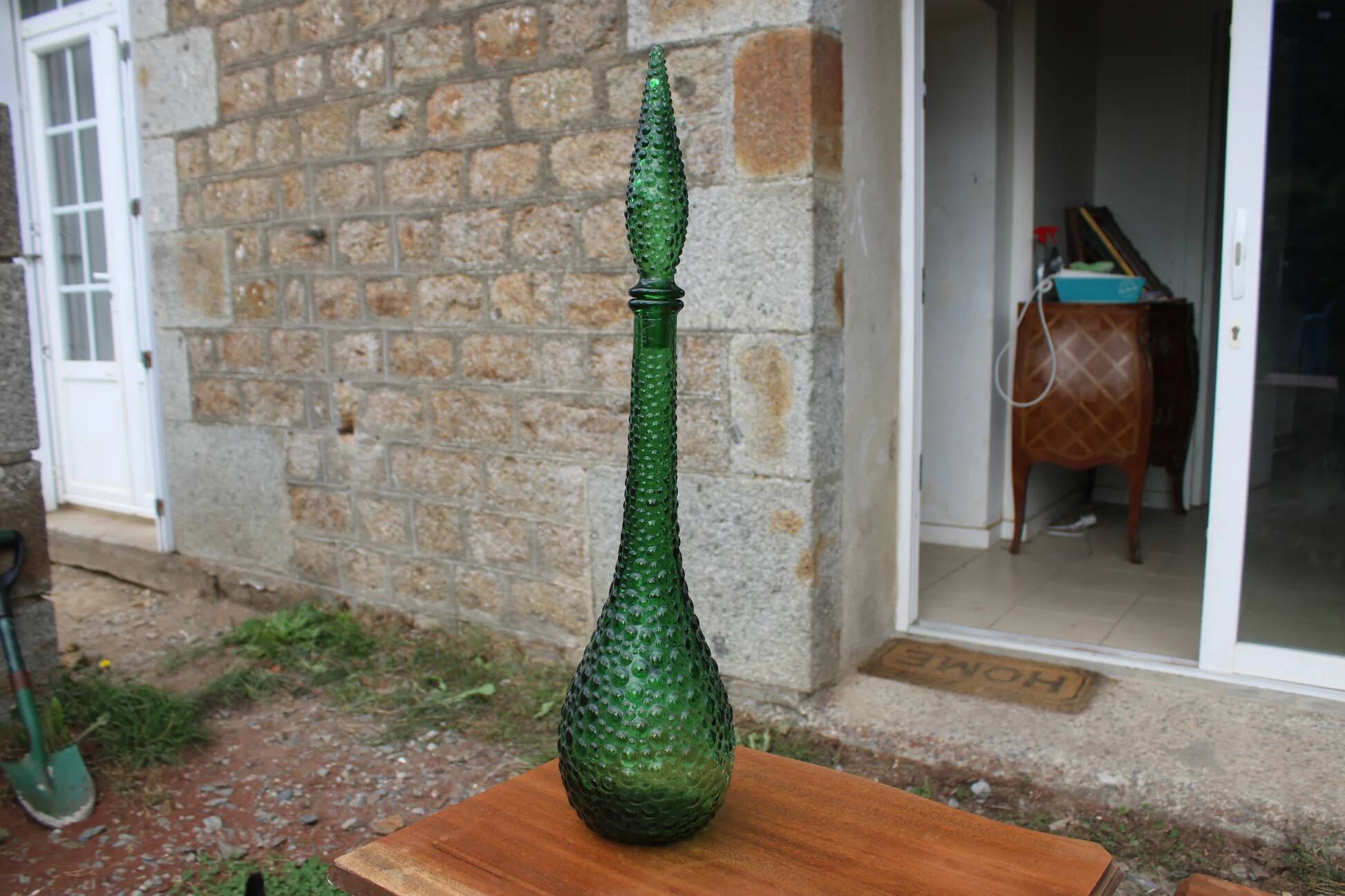 Large decorative vintage green glass carafe/bottle with relief – H57 cm