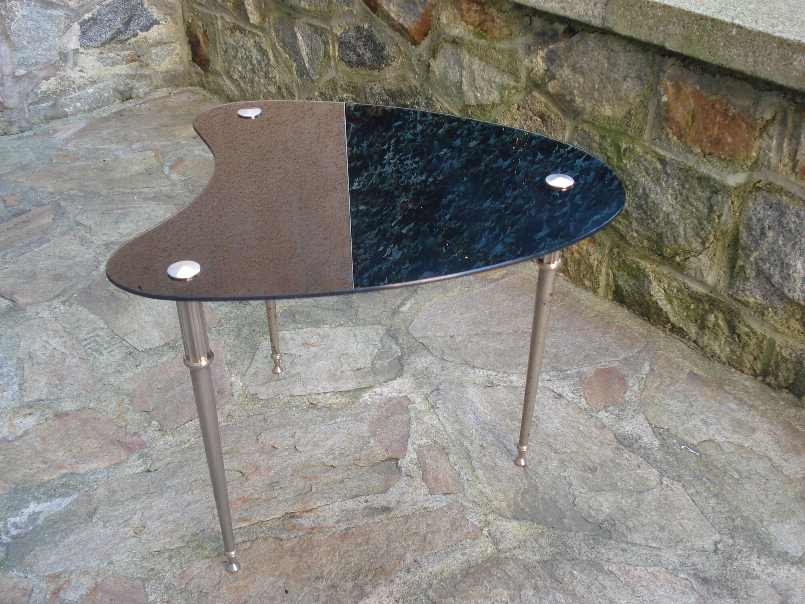 Side table black glass top and metal base