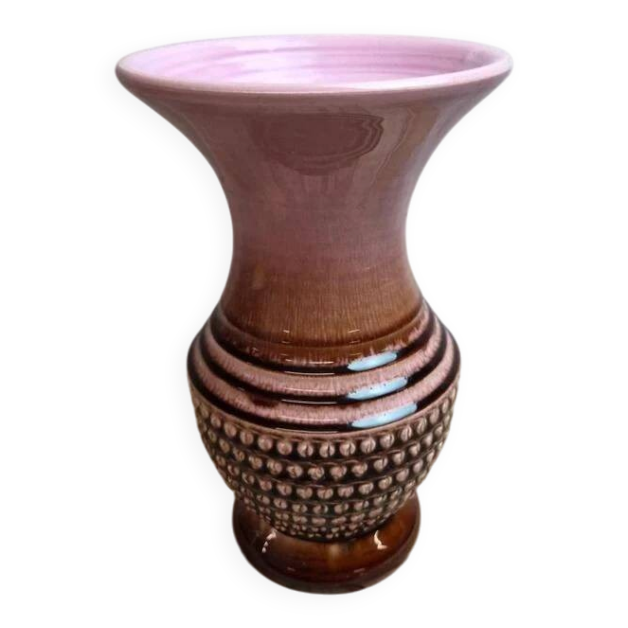 Vintage ceramic vase with textured decoration – pink and brown tones – 1960s/70s