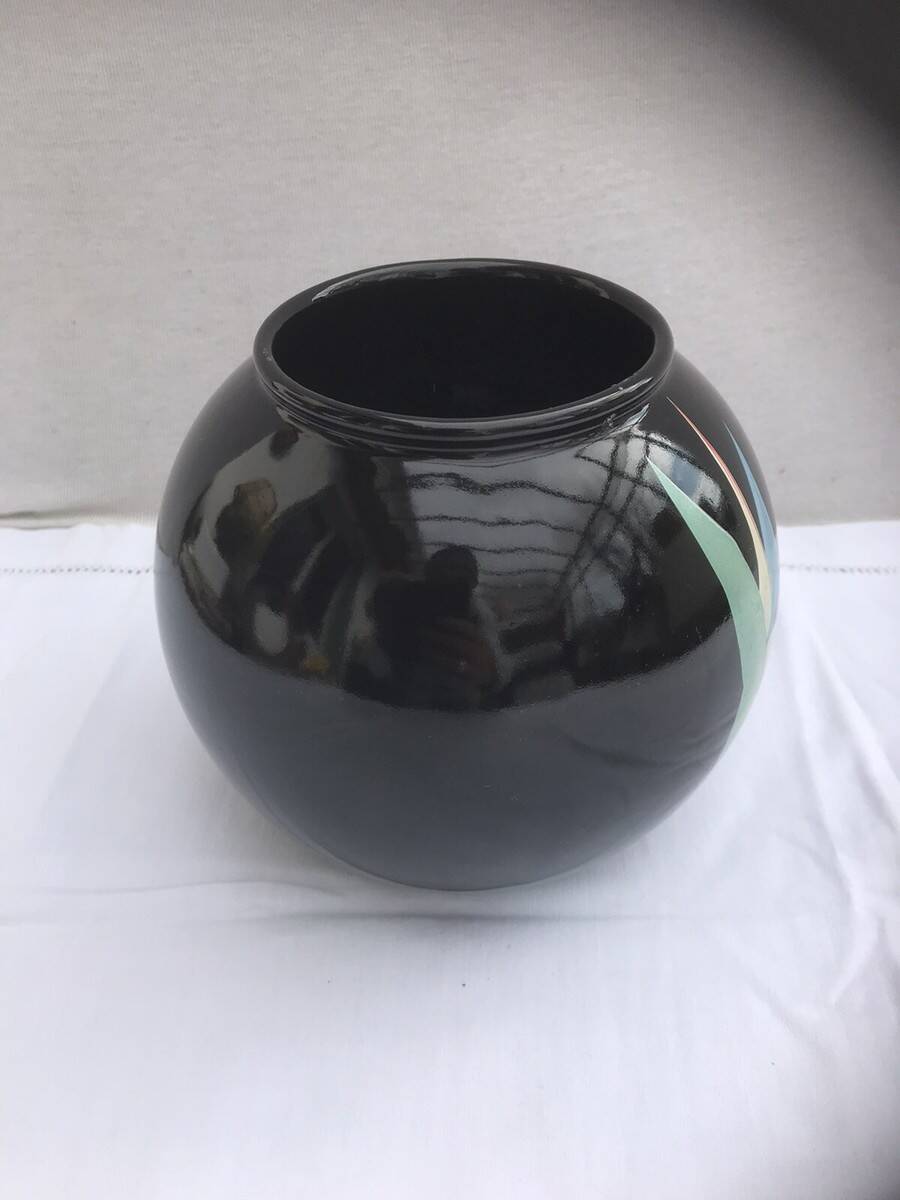 Black Ceramic Round Vase with Flower and Paradise Bird Design, 1970s Vintage