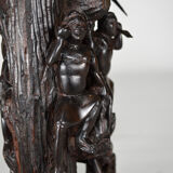 African carved ebony lamp, "Hunters, buffalo and crocodile"