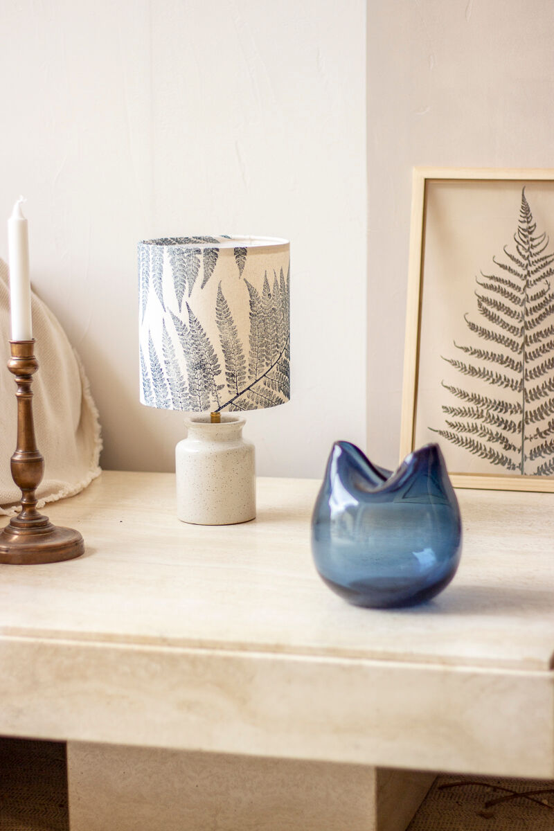 Speckled white enamelled mustard pot lamp - fern pattern