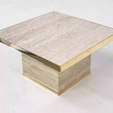1970s square coffee table in travertine and brass