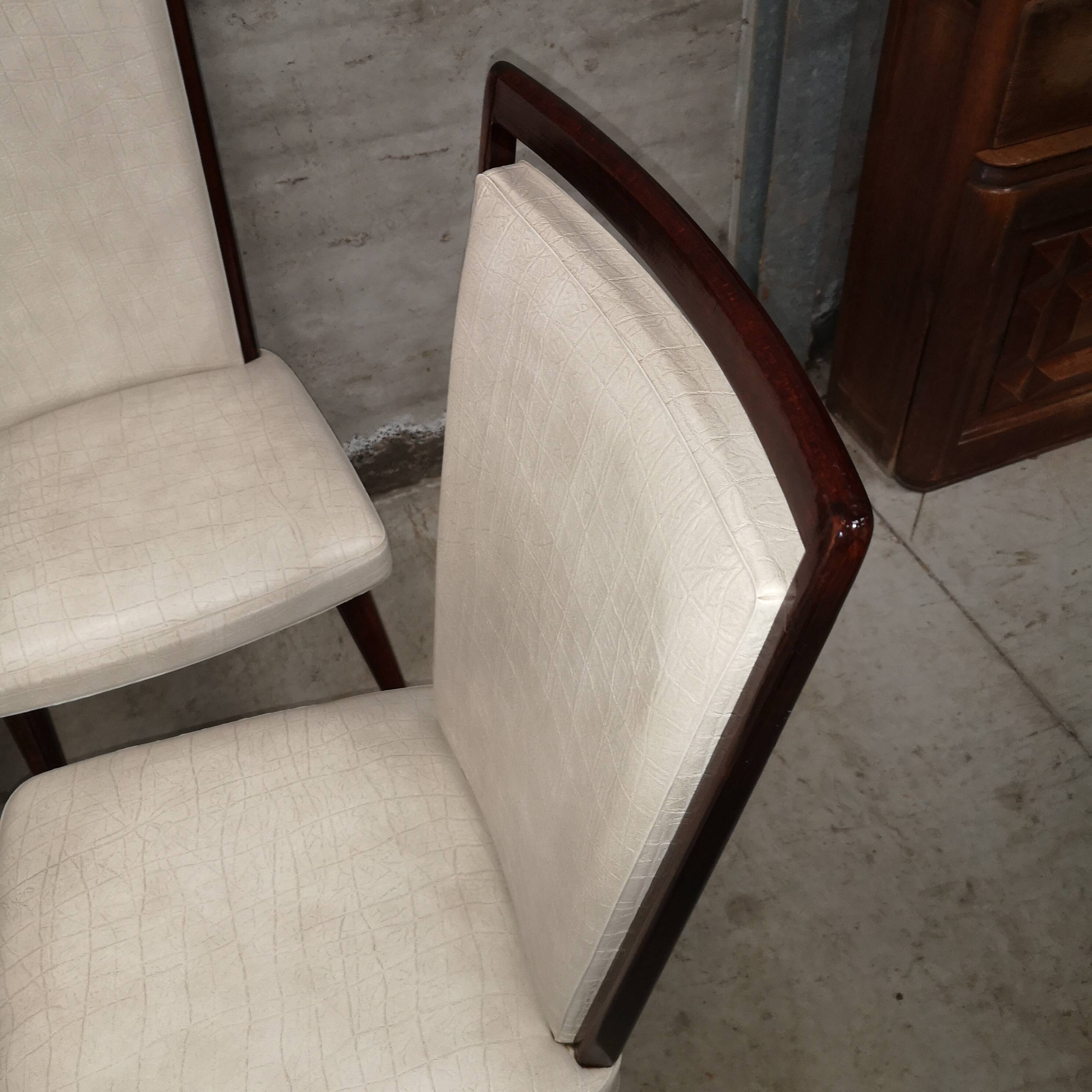 6 white leatherette and mahogany art deco style chairs, 1950