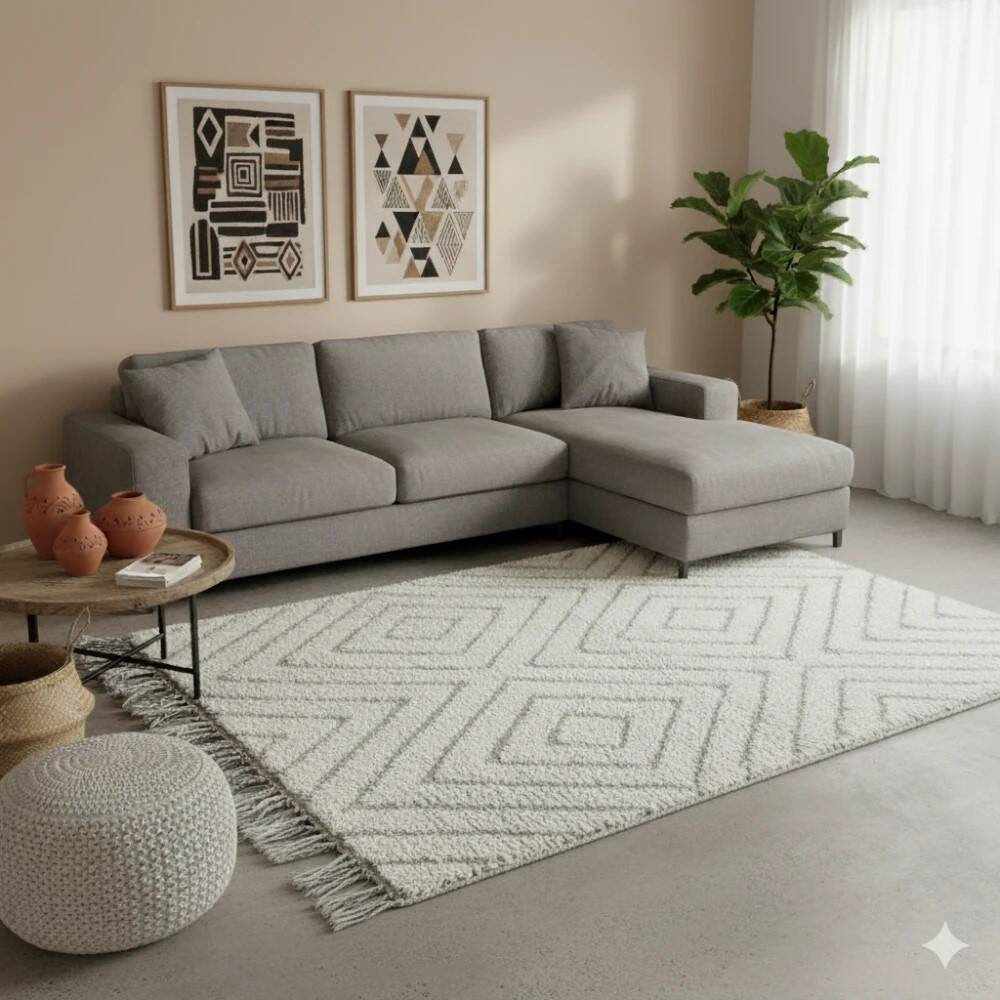 Small Moroccan rug with white diamonds.