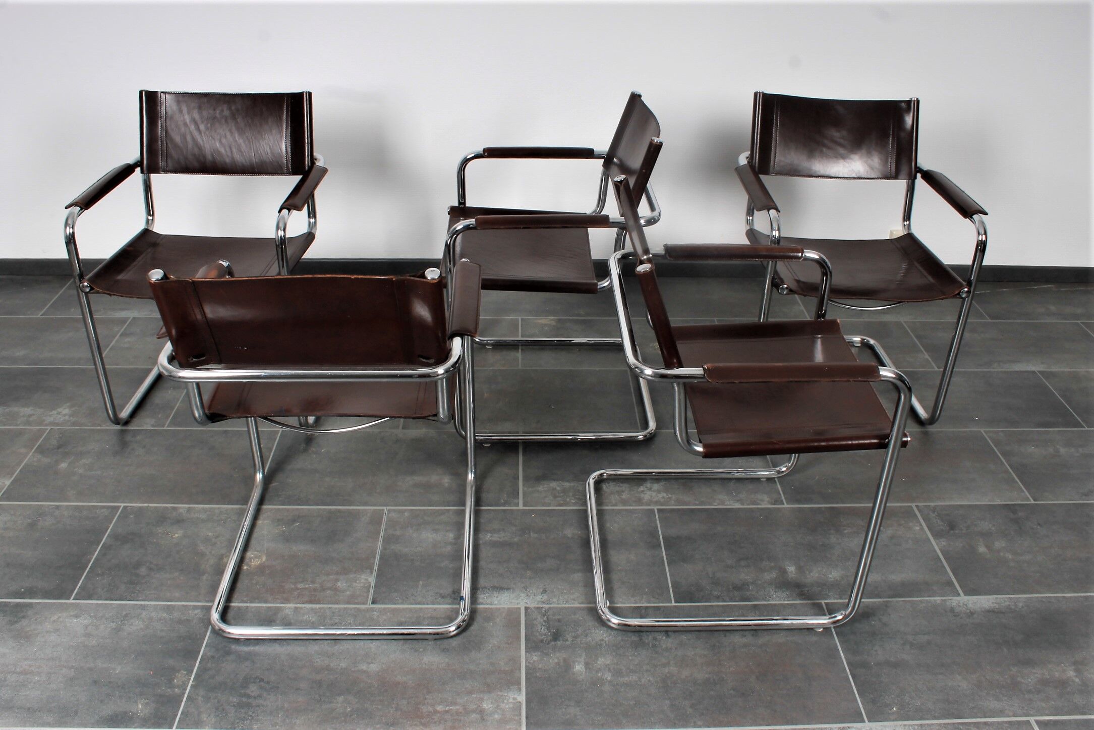Set of 5 Cantilever MG5 chairs by Matteo Grassi in brown leather