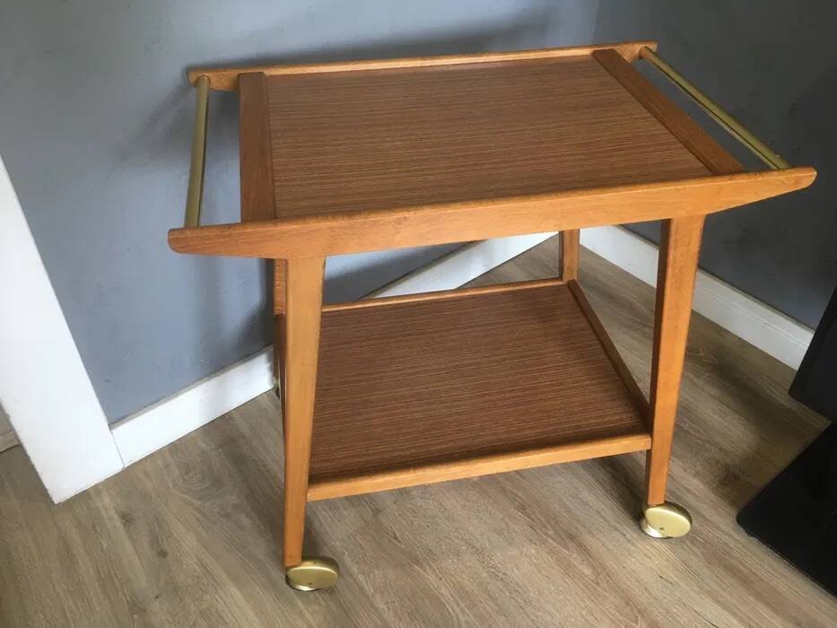 Mid-Century Bar Cart / Serving Trolley — Solid Wood, 1960s