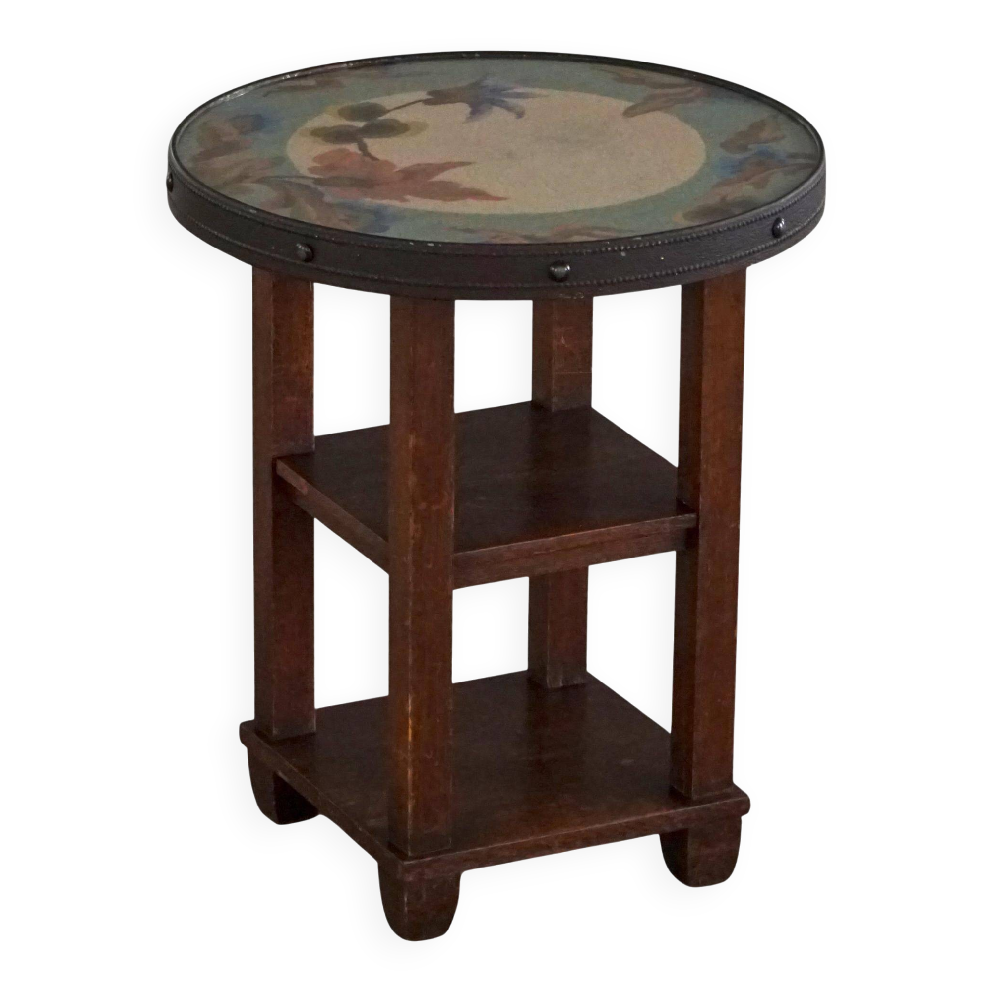 Art Nouveau, round side table with floral glass top, Danish cabinetmaker, 1920s