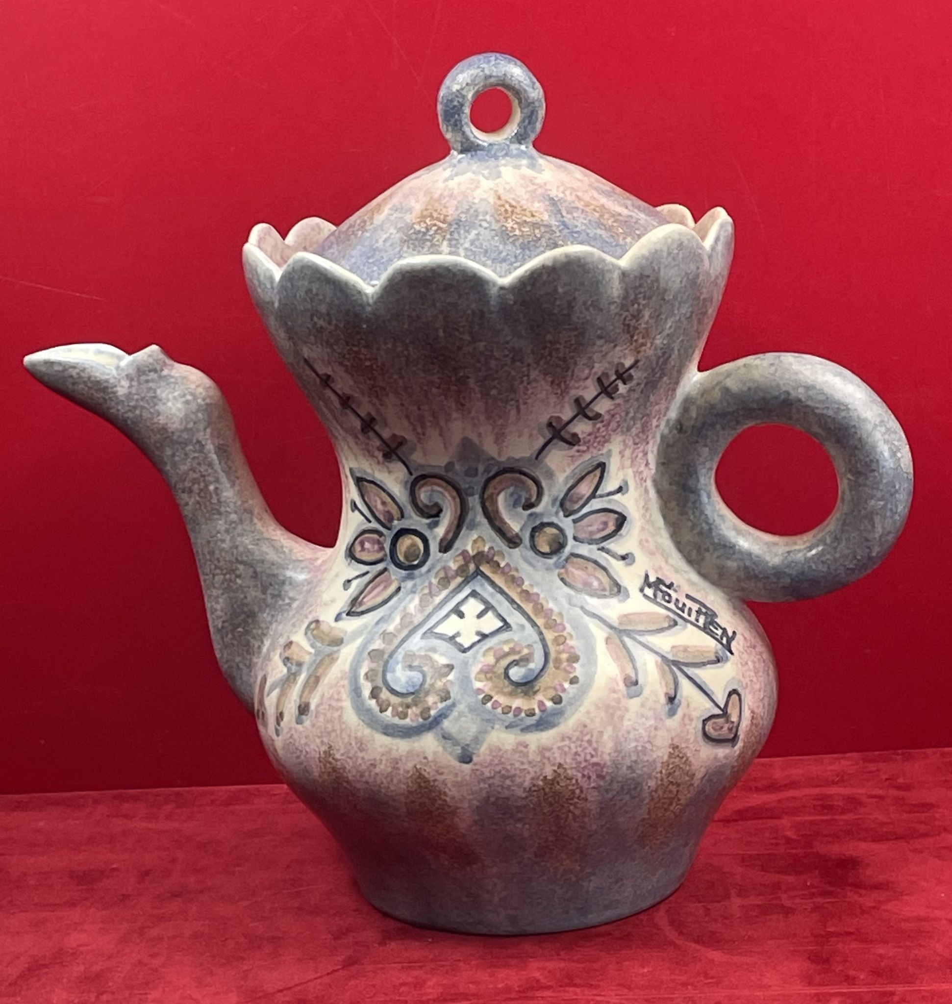 Large coffee maker H 25 cm - Quimper porcelain ceramic signed P. Fouillen.