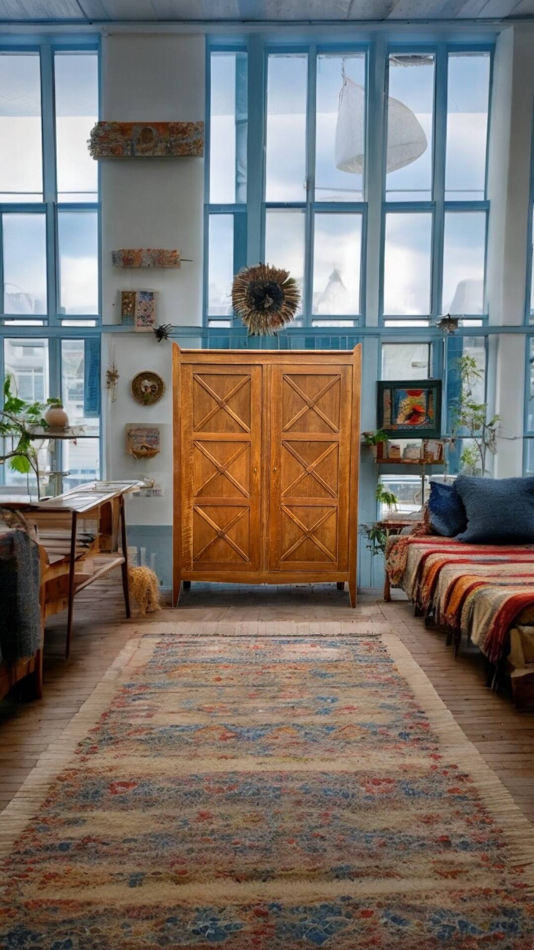 Vintage solid oak cross-braced wardrobe 1940