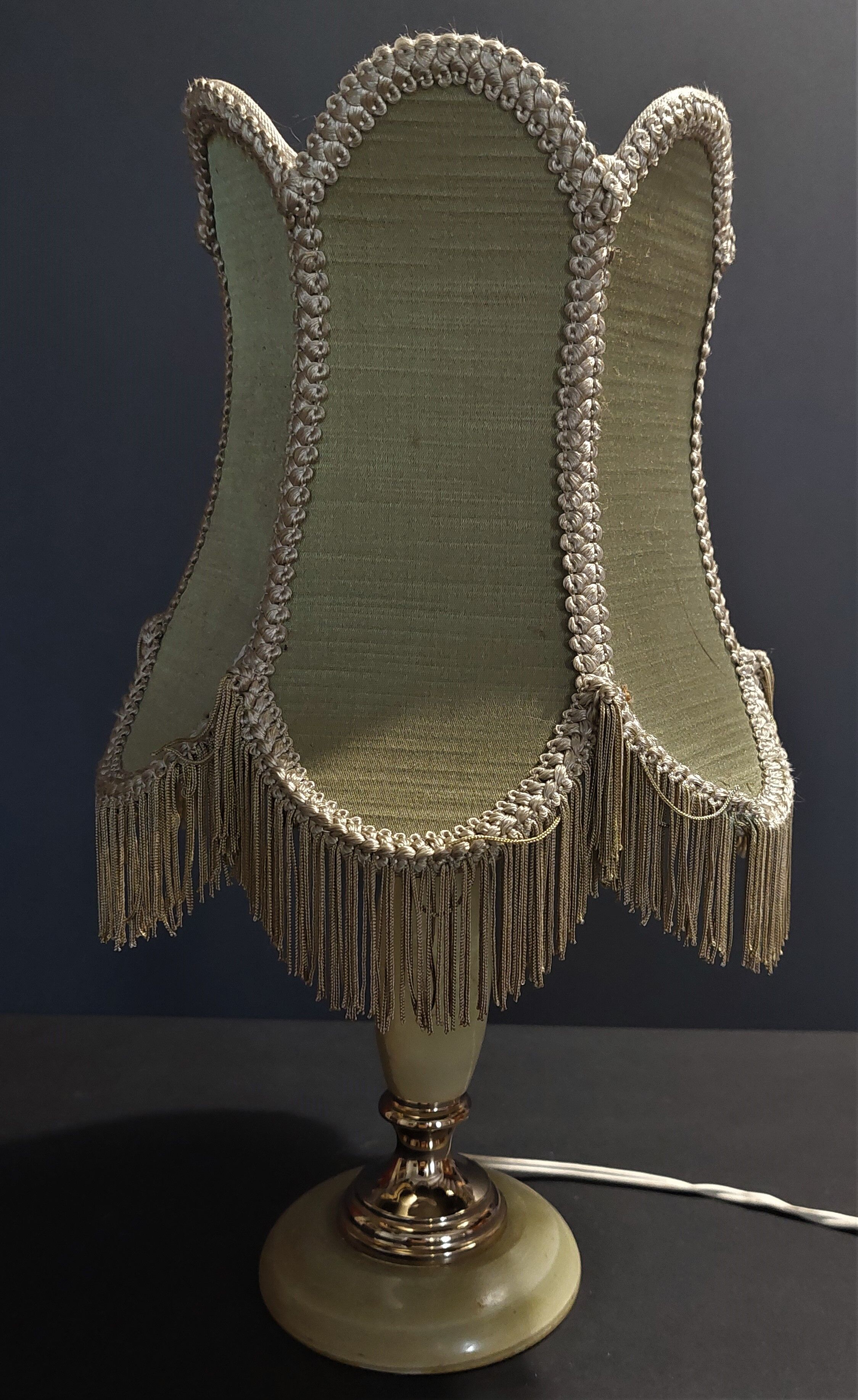 Vintage bedside table lamp onyx and brass lampshade with fringes