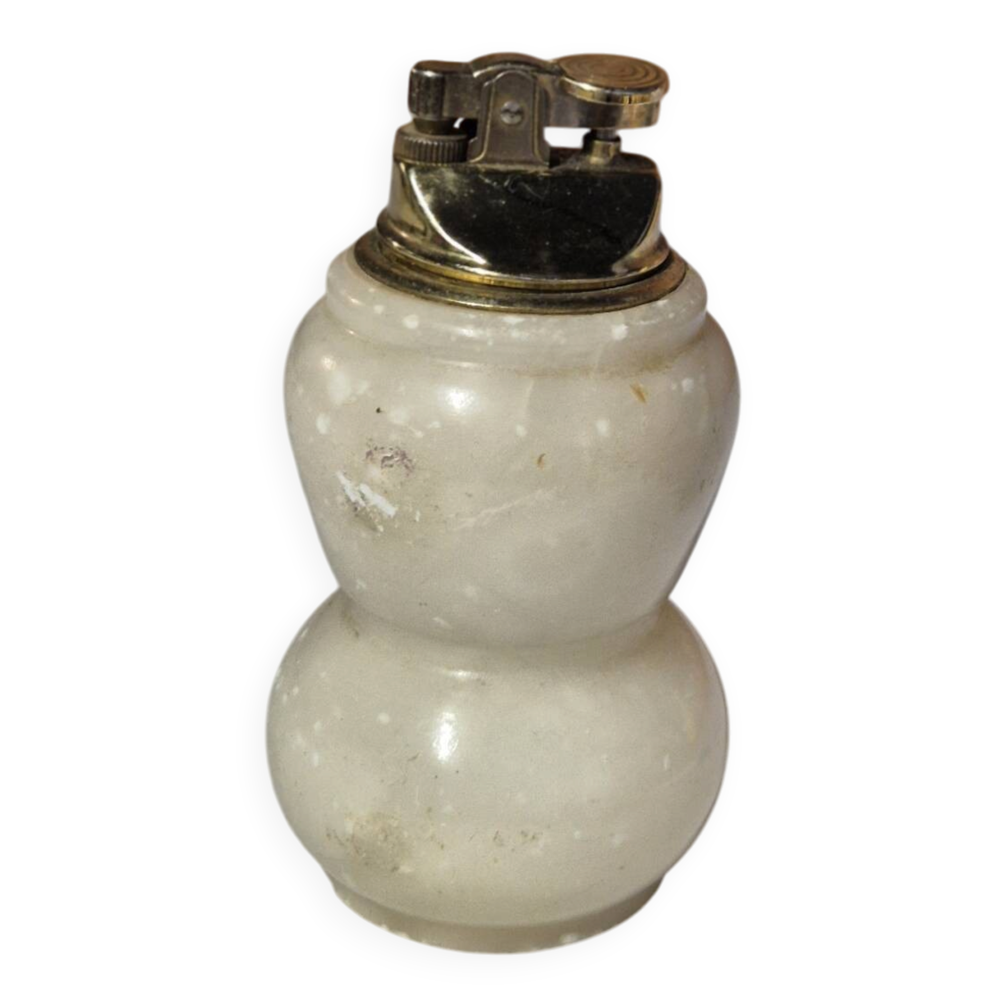 Vintage table lighter made of alabaster marble with a sculpted metal mechanism.