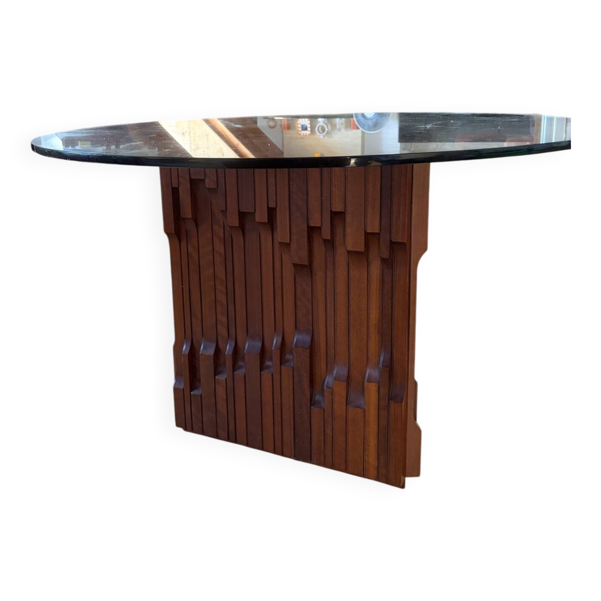 Round dining table in wood and glass by Luciano Frigerio