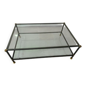 Living room coffee table in metal, grey lacquered, double glass top.