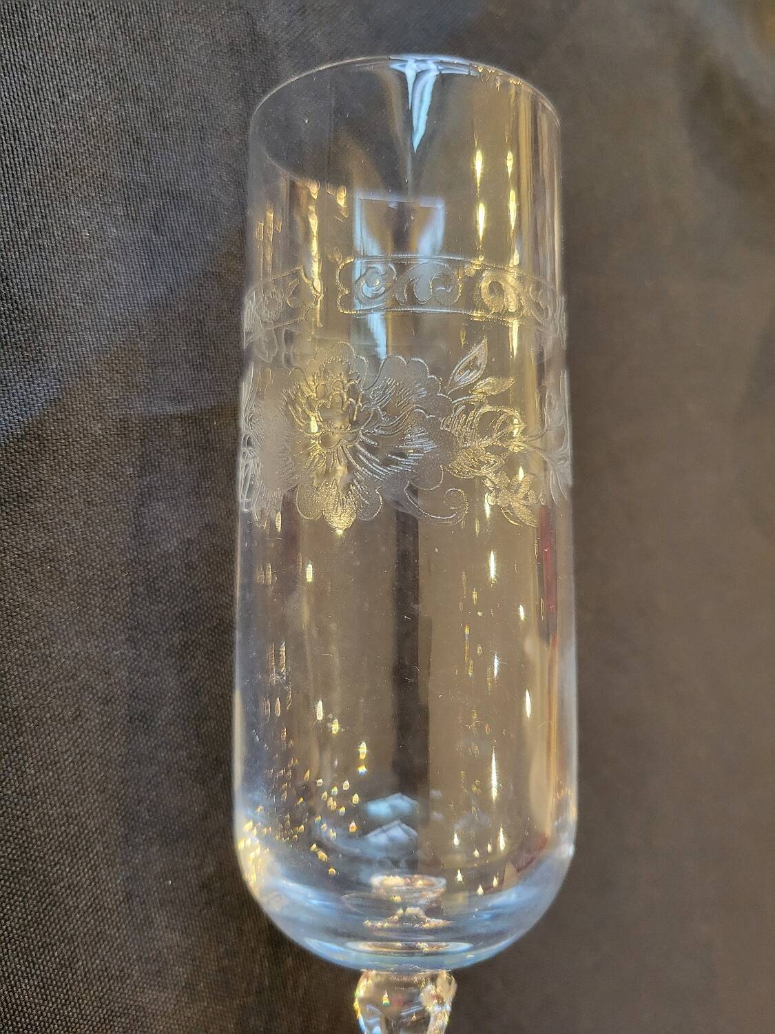 6 engraved crystal champagne flutes (floral) 1920