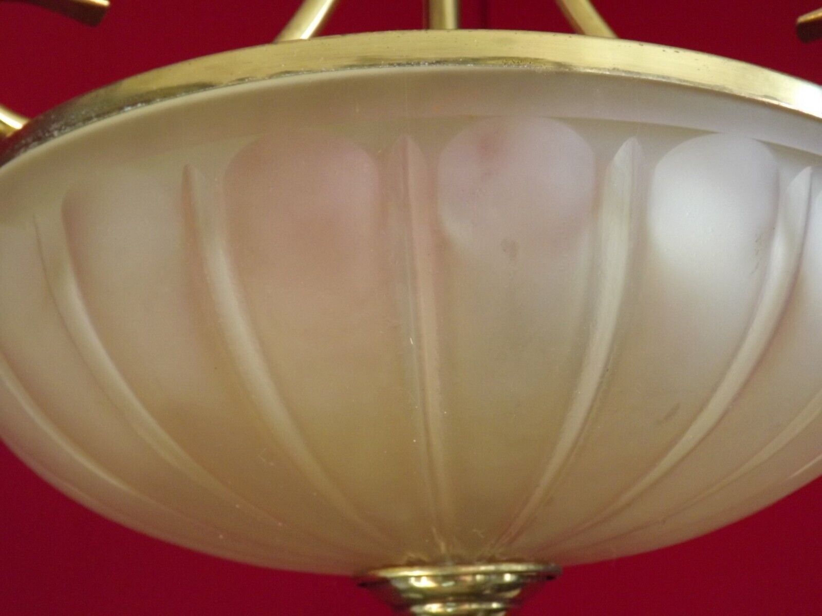 French mid century 3 bulb brass semi flush ceiling light opaque glass shade