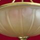 French mid century 3 bulb brass semi flush ceiling light opaque glass shade