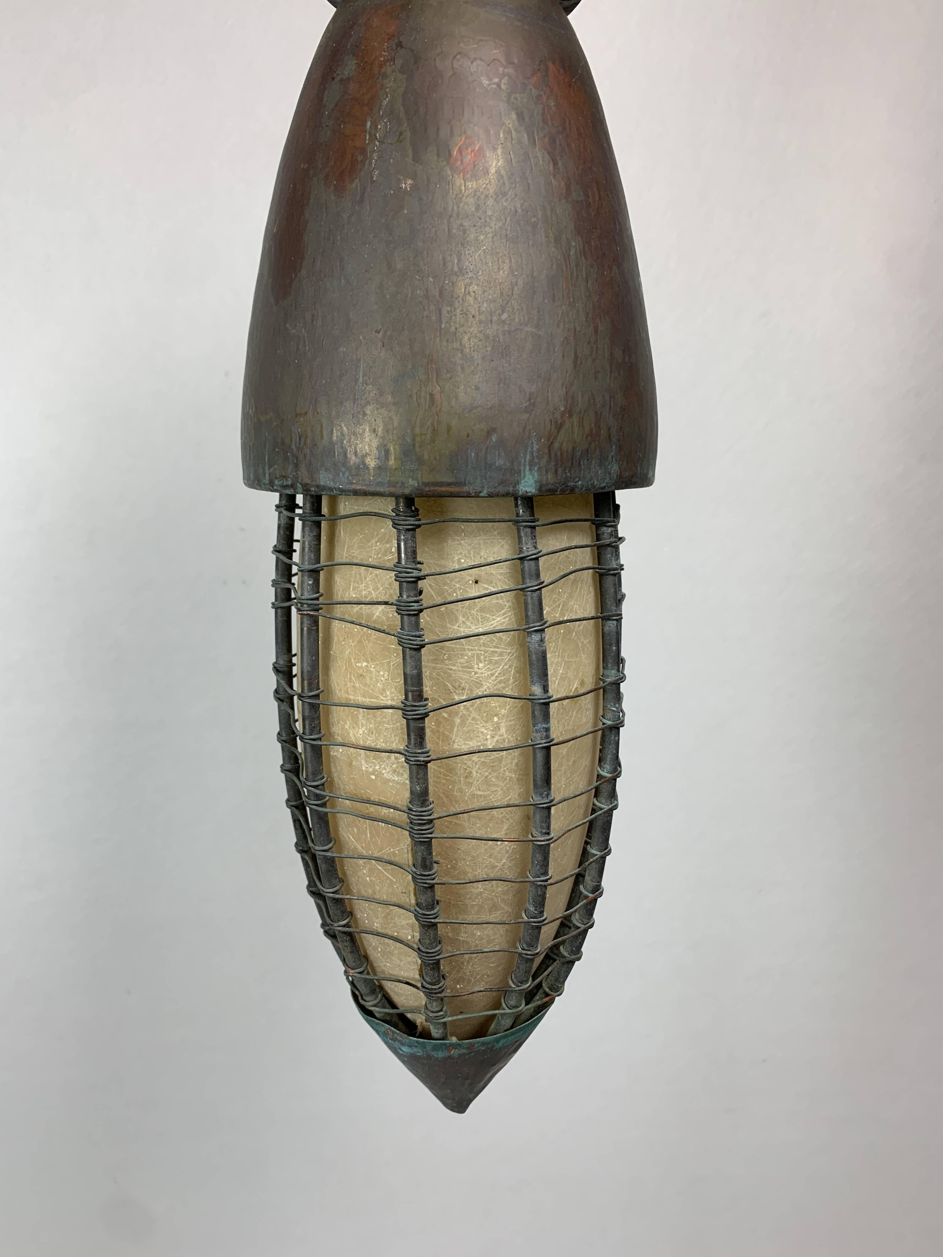 Patinated rustic copper and steel floor lamp with lantern, Indonesia 1980s