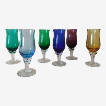 6 verres sur pieds colorés Murano, années 60