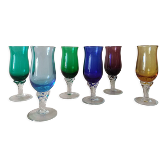 6 verres sur pieds colorés Murano, années 60