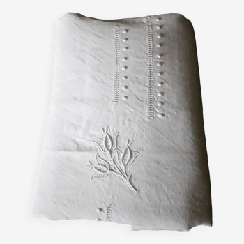 Drap ancien brodé coton et lin