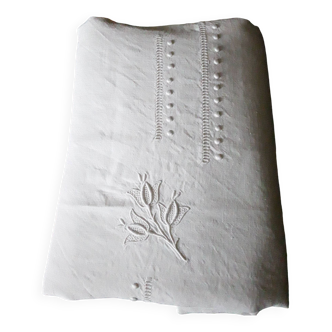 Drap ancien brodé coton et lin