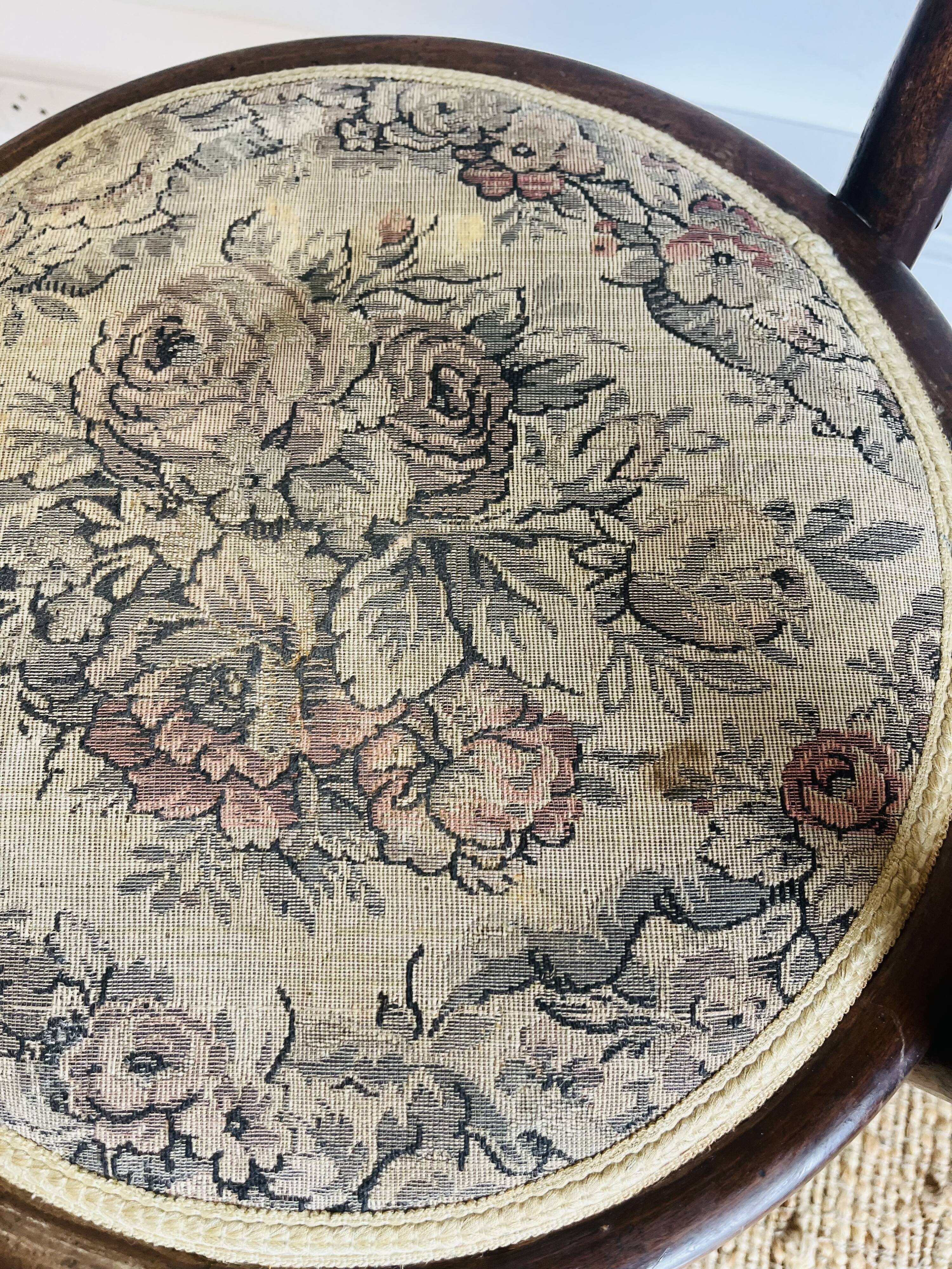 Pair of vintage bistro chairs – bentwood – floral upholstered seat