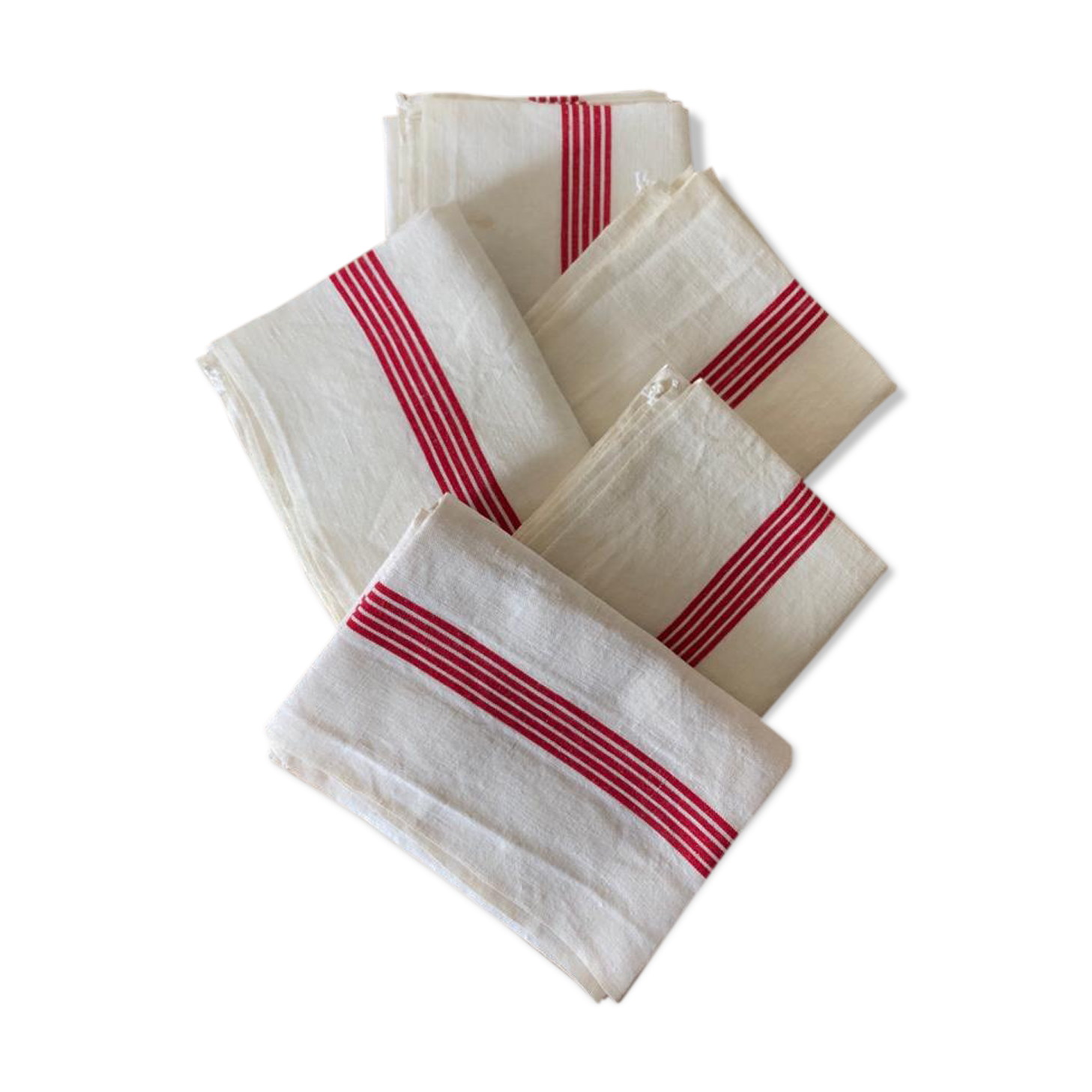 Set of 5 tea towels in ancient mestizos, new condition, with fine red beds