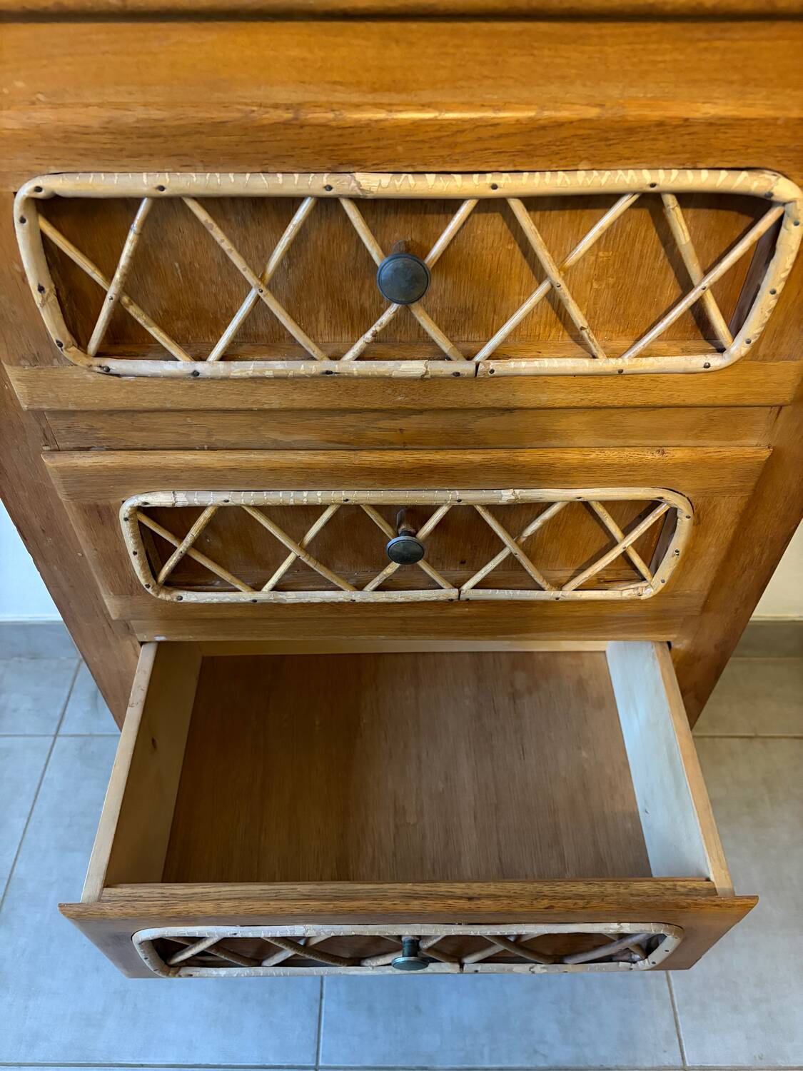 Vintage oak and rattan chest of drawers