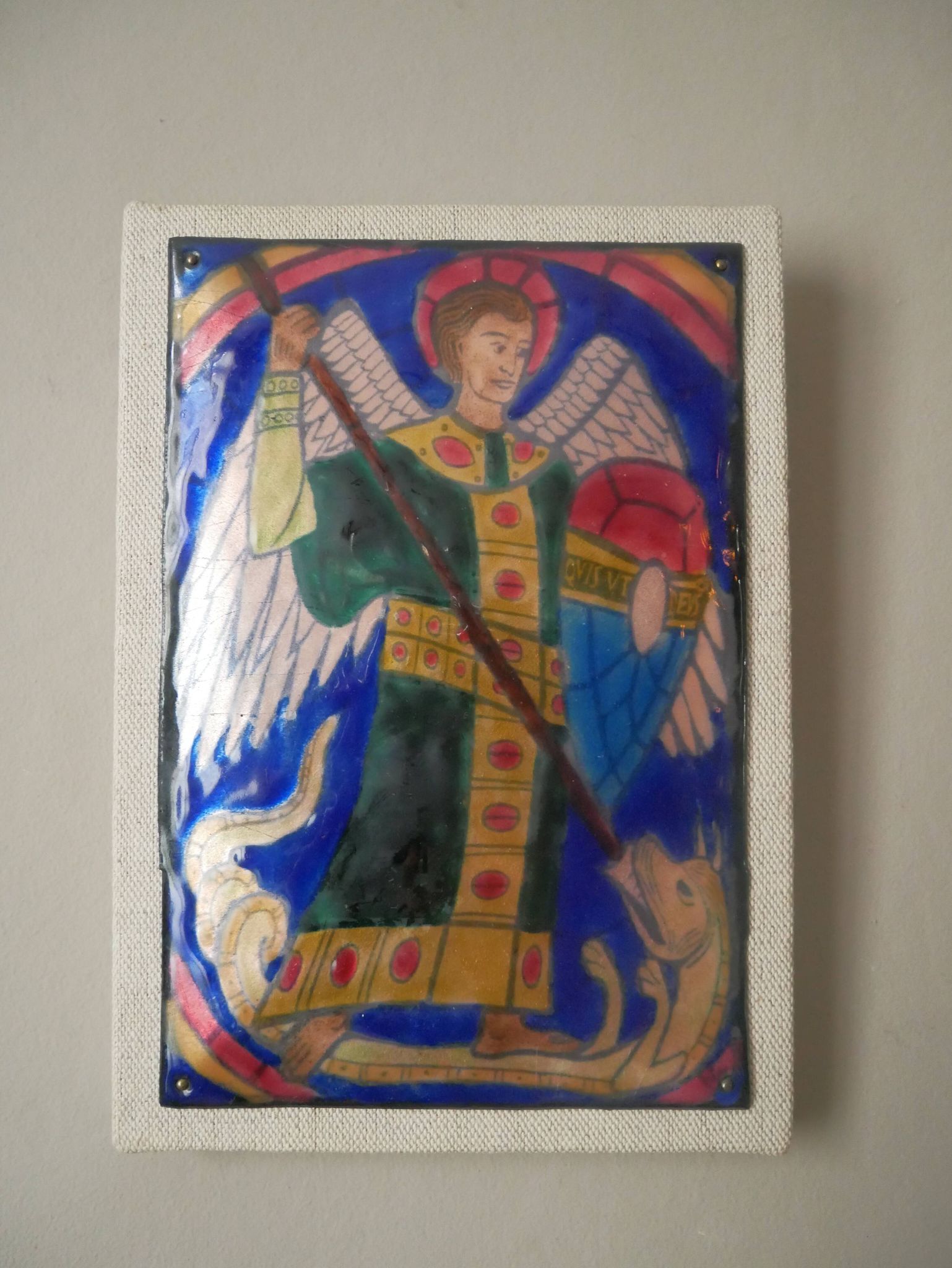 Enamel of the great fire of Saint Michael on a wooden frame religious object Saint Martin Abbey decoration frame