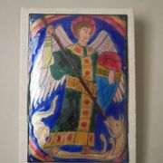 Enamel of the great fire of Saint Michael on a wooden frame religious object Saint Martin Abbey decoration frame