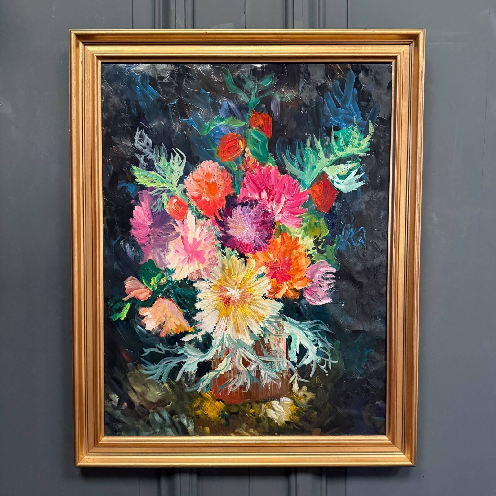 Oil on cardboard still life bouquet of flowers 1960
