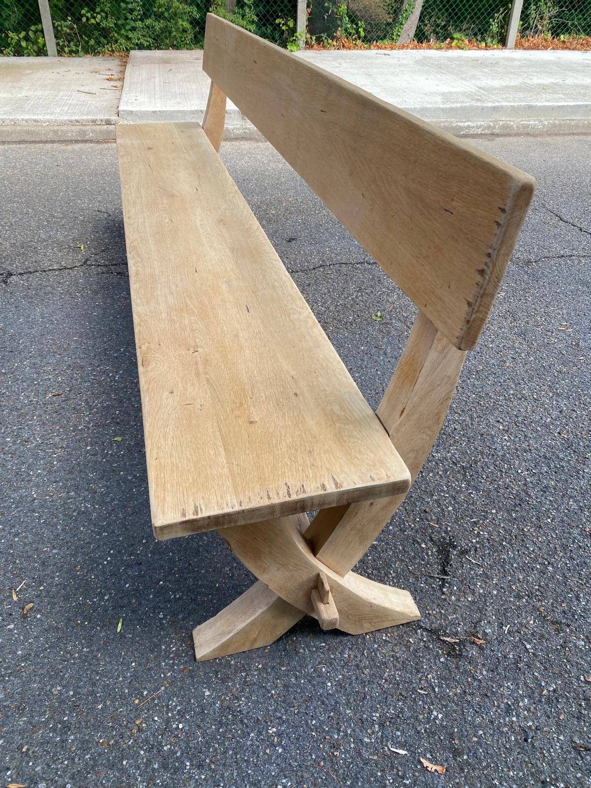 Monastery bench with a 220 cm backrest, renovated in raw solid oak with X legs.
