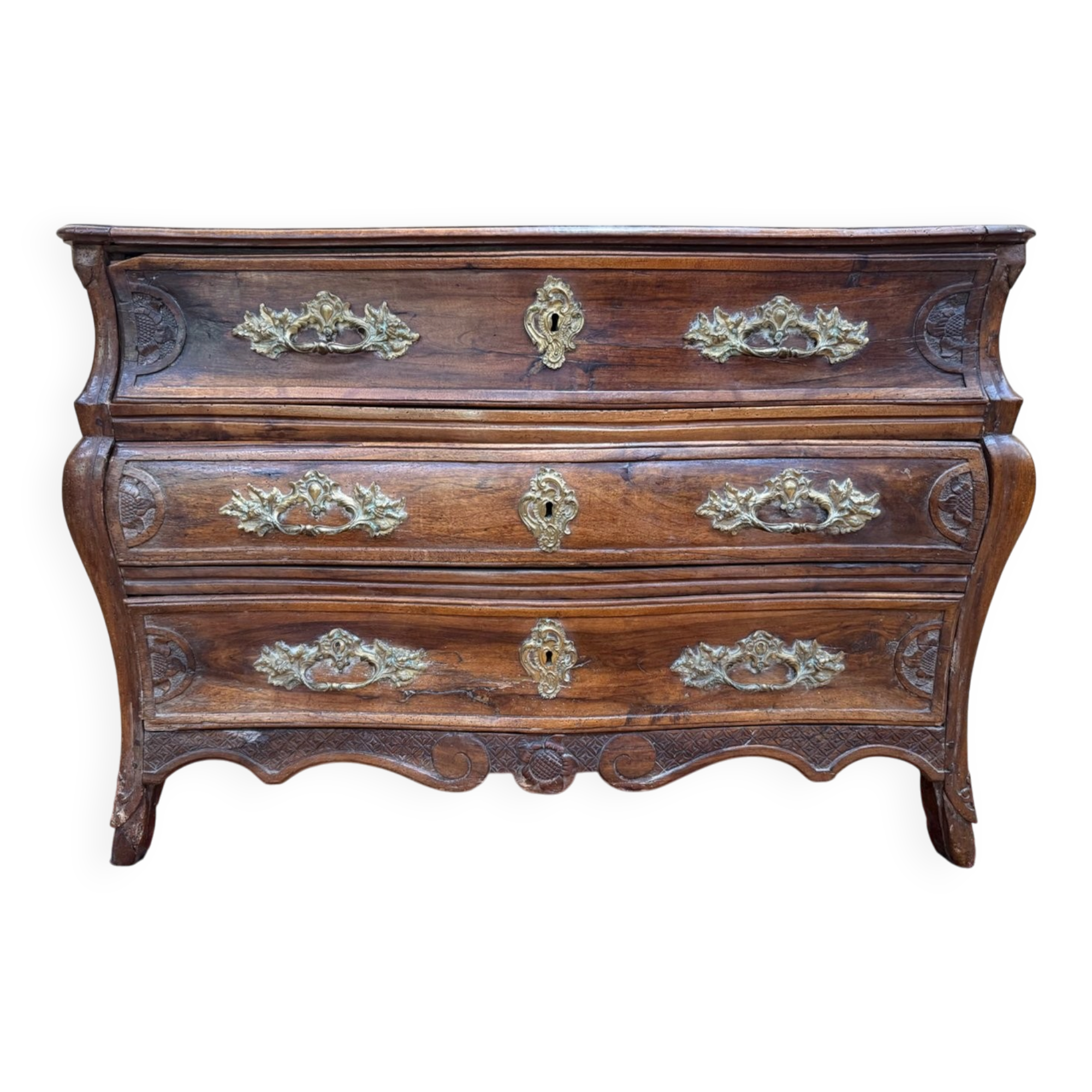 Regency period commode – Solid walnut – Chiselled gilded bronze