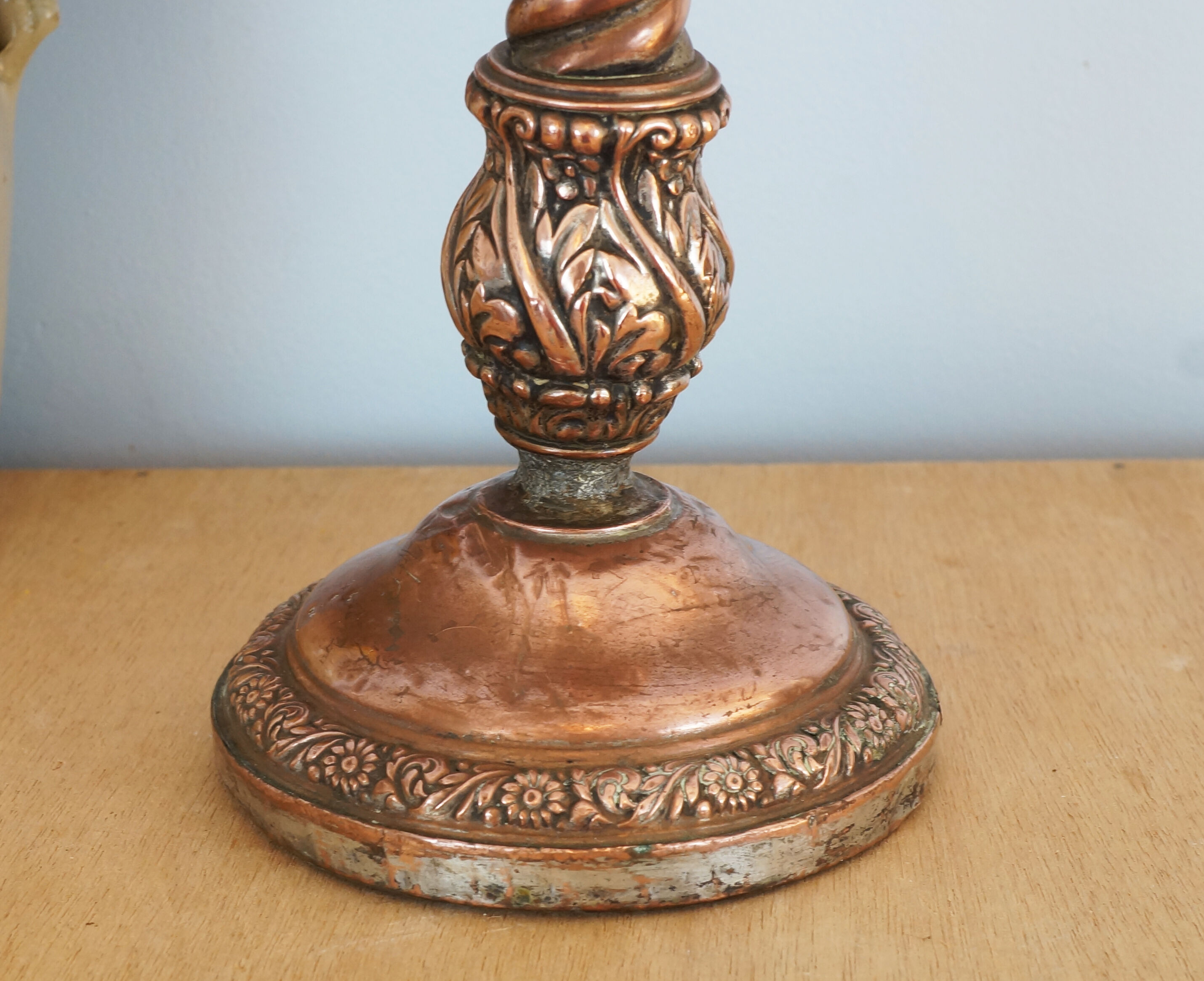 Handmade copper candle holder in hammered metal, vintage