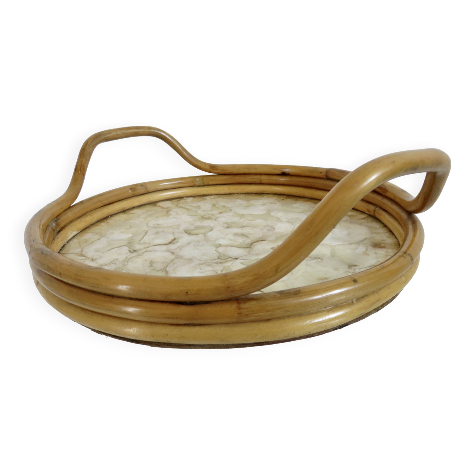 Round tray in bamboo and Capiz mother-of-pearl from the Philippines, made in Italy, 1970