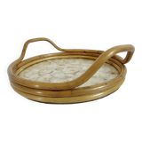 Plateau rond en bambou et nacre Capiz des Philippines, made in Italy, 1970