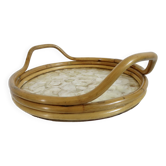 Round tray in bamboo and Capiz mother-of-pearl from the Philippines, made in Italy, 1970