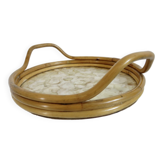 Round tray in bamboo and Capiz mother-of-pearl from the Philippines, made in Italy, 1970