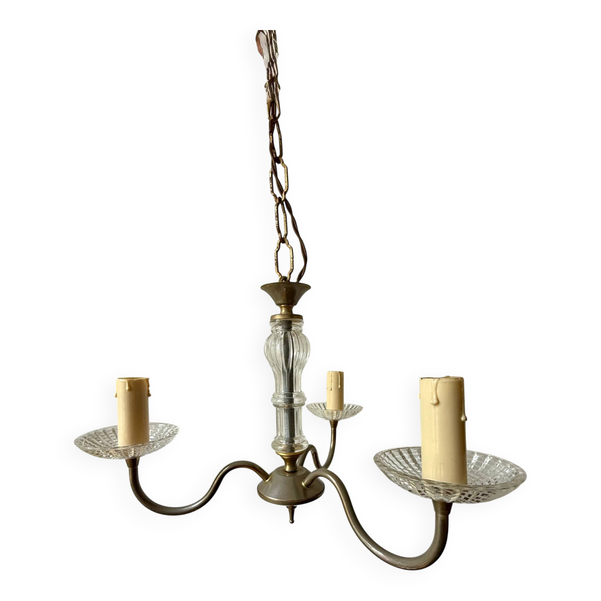 Vintage brass and glass three-branch chandelier